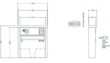 RENZ Briefkastenanlage Aufputz, Tetro, Edelstahl V4A, Kastenformat 370x330x100mm, mit Klingel - & Lichttaster und Vorbereitung Gegensprechanlage, 1-teilig